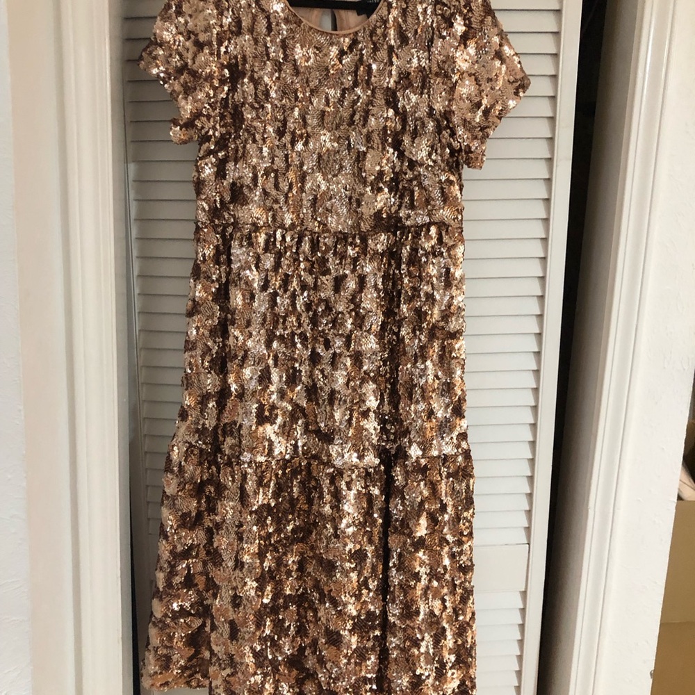 Anthropologie Maeve sequin rose Gold shift Dress with pockets